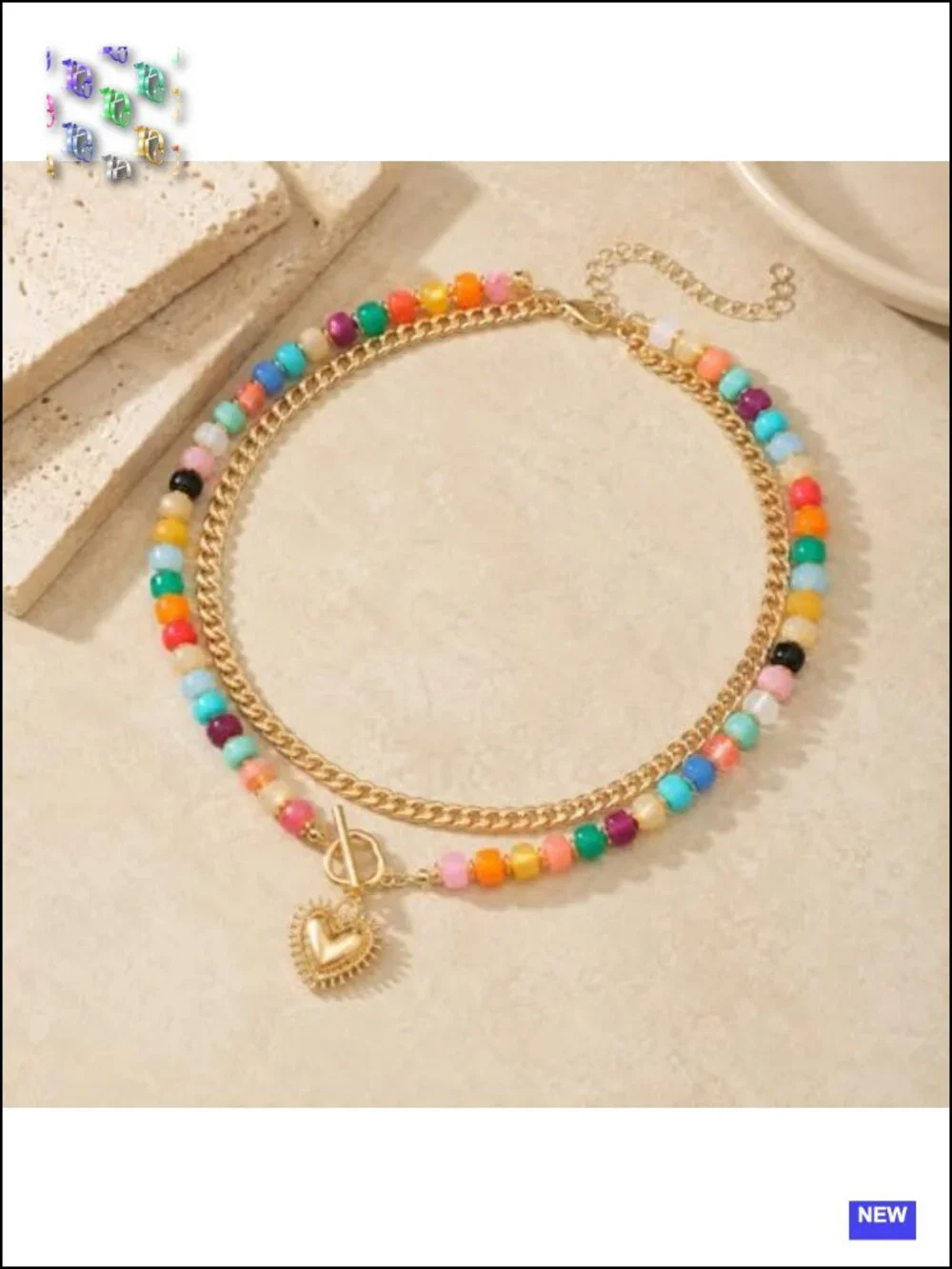 Layered Acrylic Bead & Heart Pendant Choker Necklace